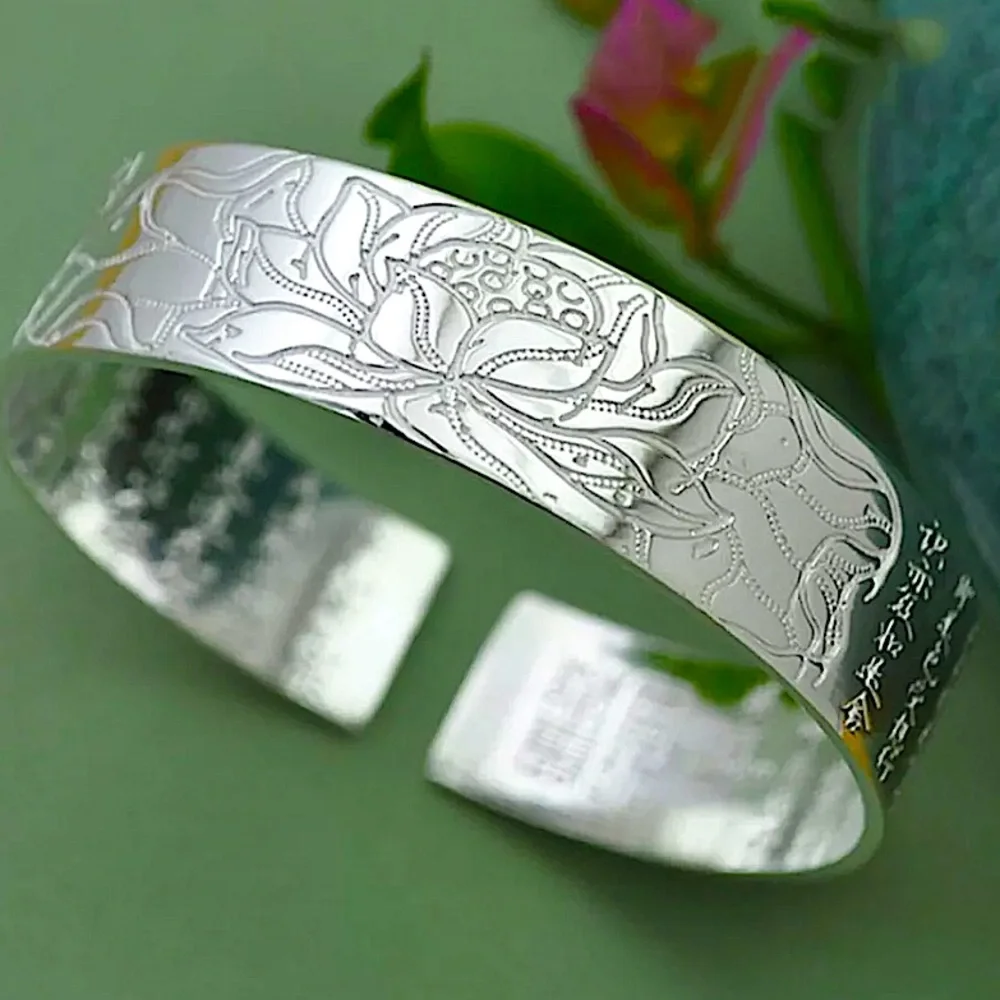 Silver Lotus Flower Cuff Bracelet Heart Sutra Engraved Spiritual Jewelry - Picture 1 of 6